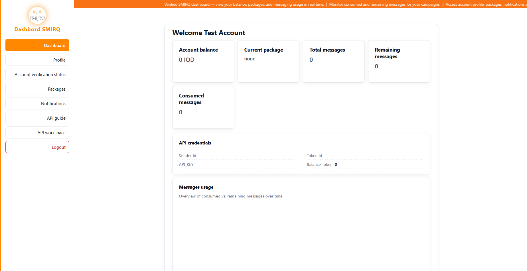 SMIRQ dashboard account verification status
